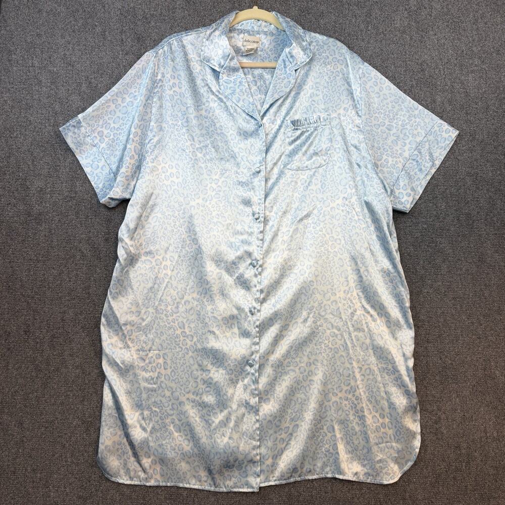 Delicates Satin Sleep Shirt Blue Leopard XL Button Front